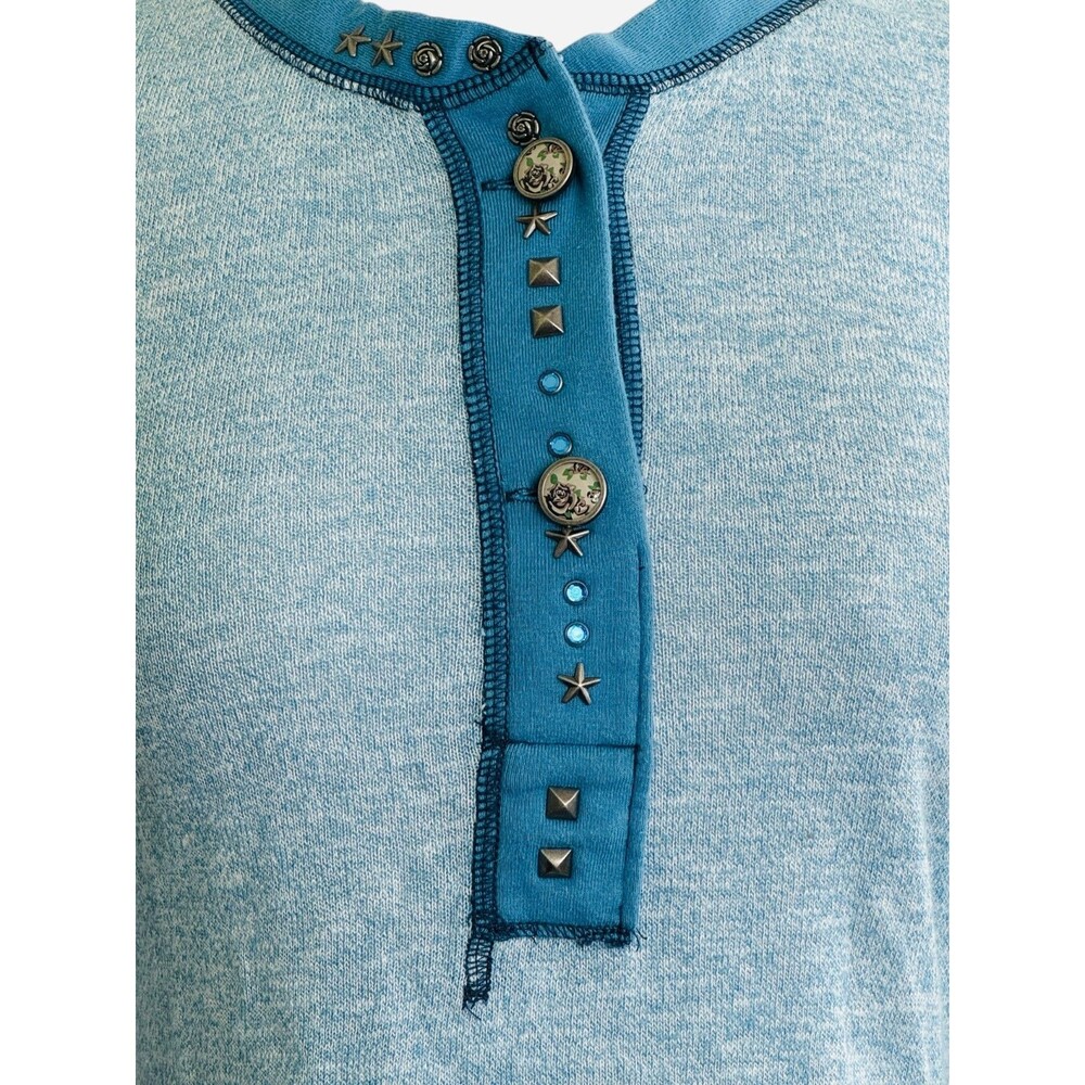 Free People Women Medium Blue Scoop Neck Embellish Buttons Long Sleeve Tee - Picture 4 of 7